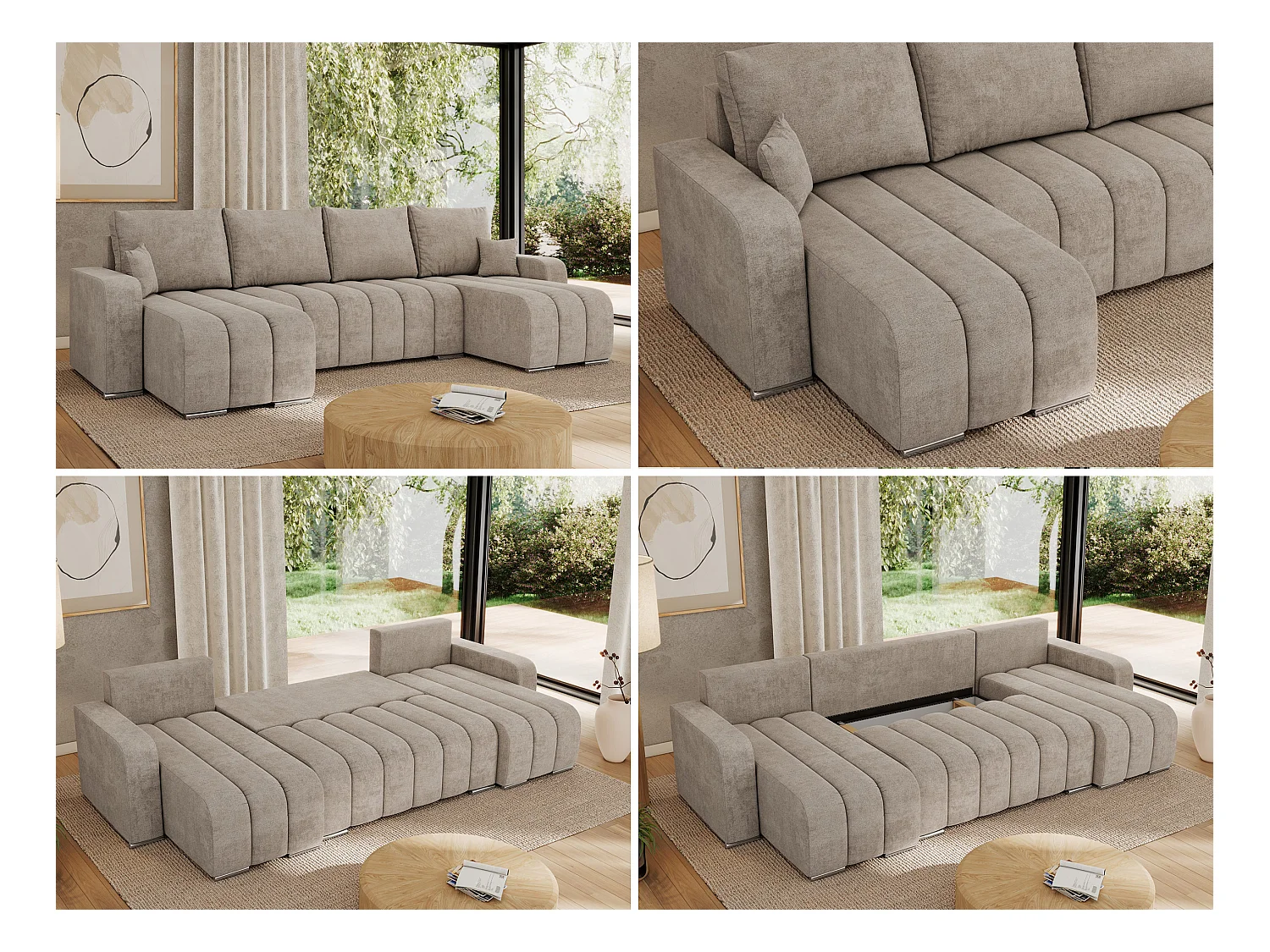 Ecksofa KIRASSO U - Wohnlandschaft, Schlaffunktion und Bettkasten, Couch U-form, lose Kissen - Beige Strukture