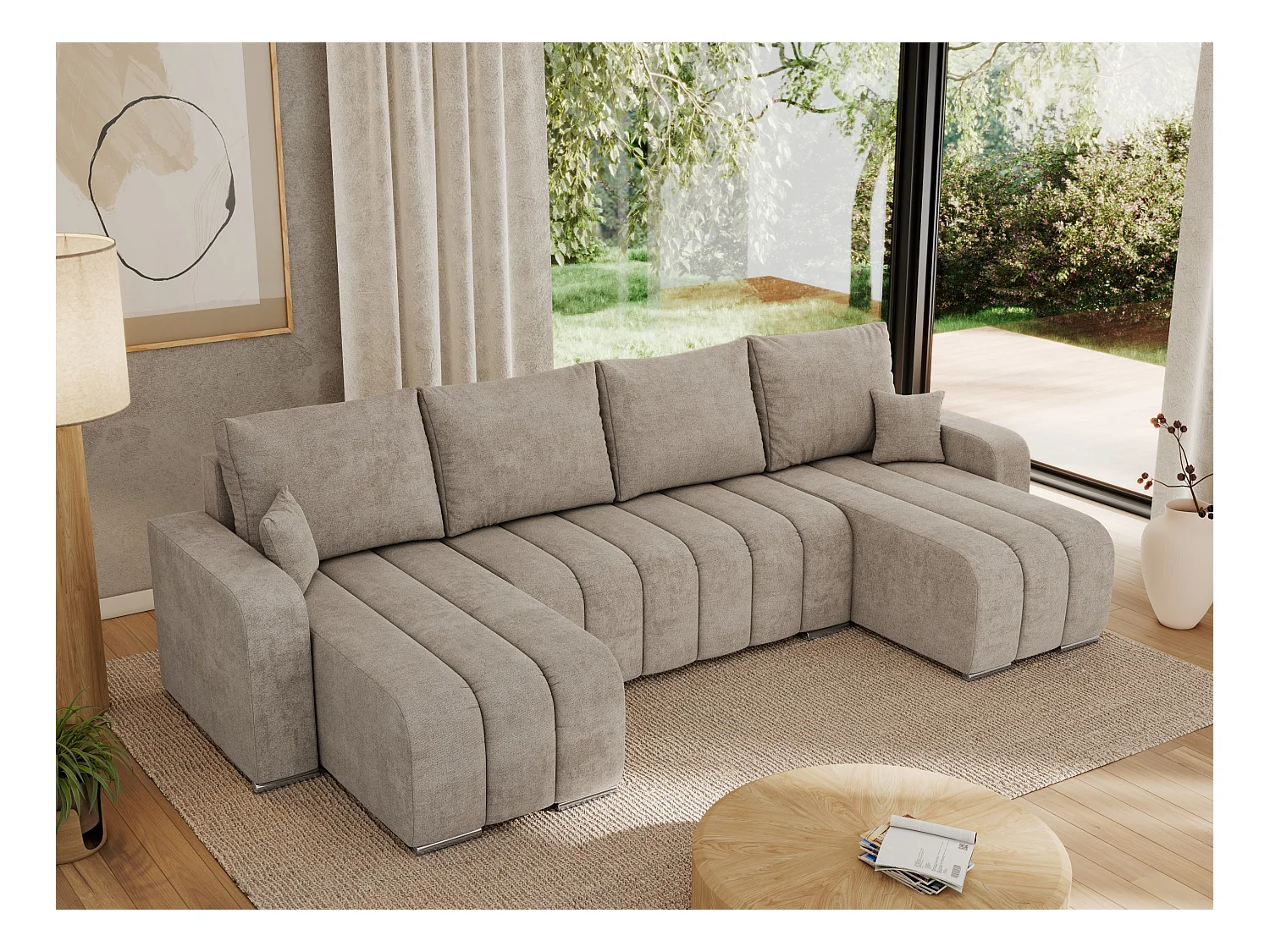 Ecksofa KIRASSO U - Wohnlandschaft, Schlaffunktion und Bettkasten, Couch U-form, lose Kissen - Beige Strukture