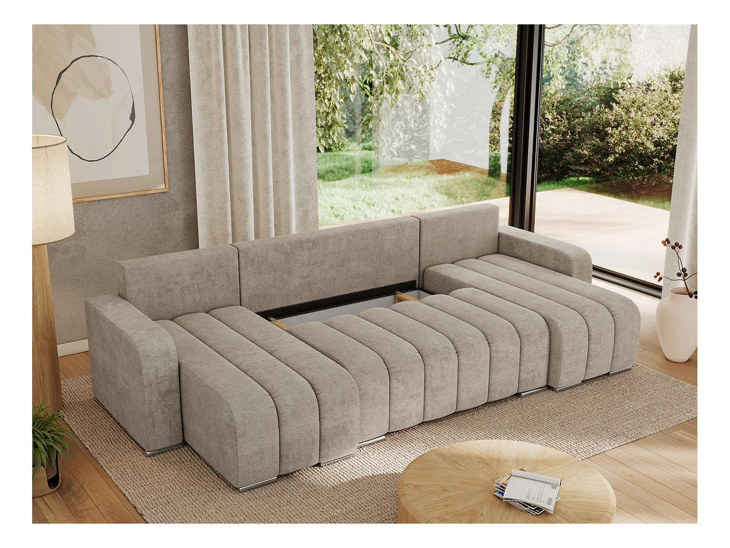Ecksofa KIRASSO U - Wohnlandschaft, Schlaffunktion und Bettkasten, Couch U-form, lose Kissen - Beige Strukture