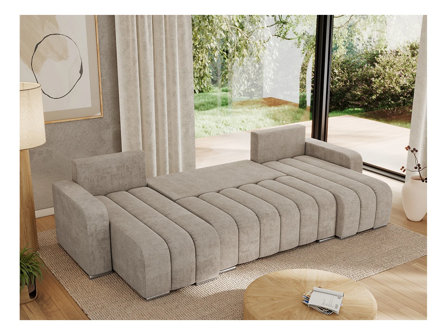 Ecksofa KIRASSO U - Wohnlandschaft, Schlaffunktion und Bettkasten, Couch U-form, lose Kissen - Beige Strukture