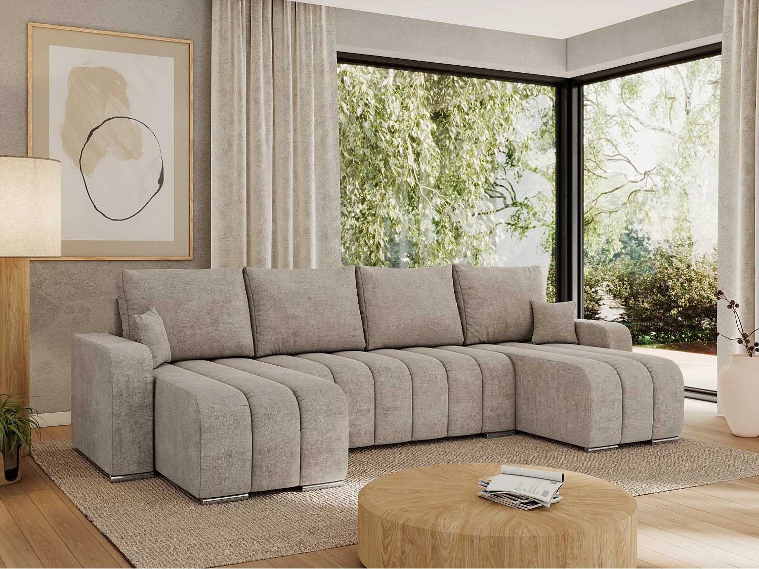 Ecksofa KIRASSO U - Wohnlandschaft, Schlaffunktion und Bettkasten, Couch U-form, lose Kissen - Beige Strukture