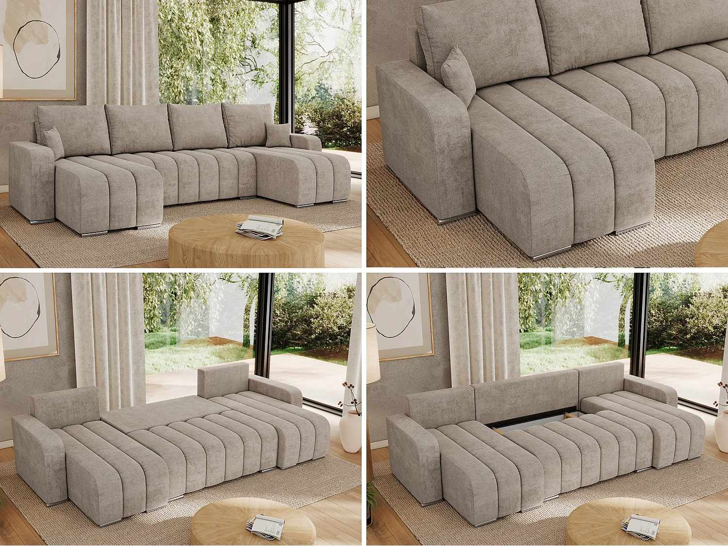 Ecksofa KIRASSO U - Wohnlandschaft, Schlaffunktion und Bettkasten, Couch U-form, lose Kissen - Beige Strukture