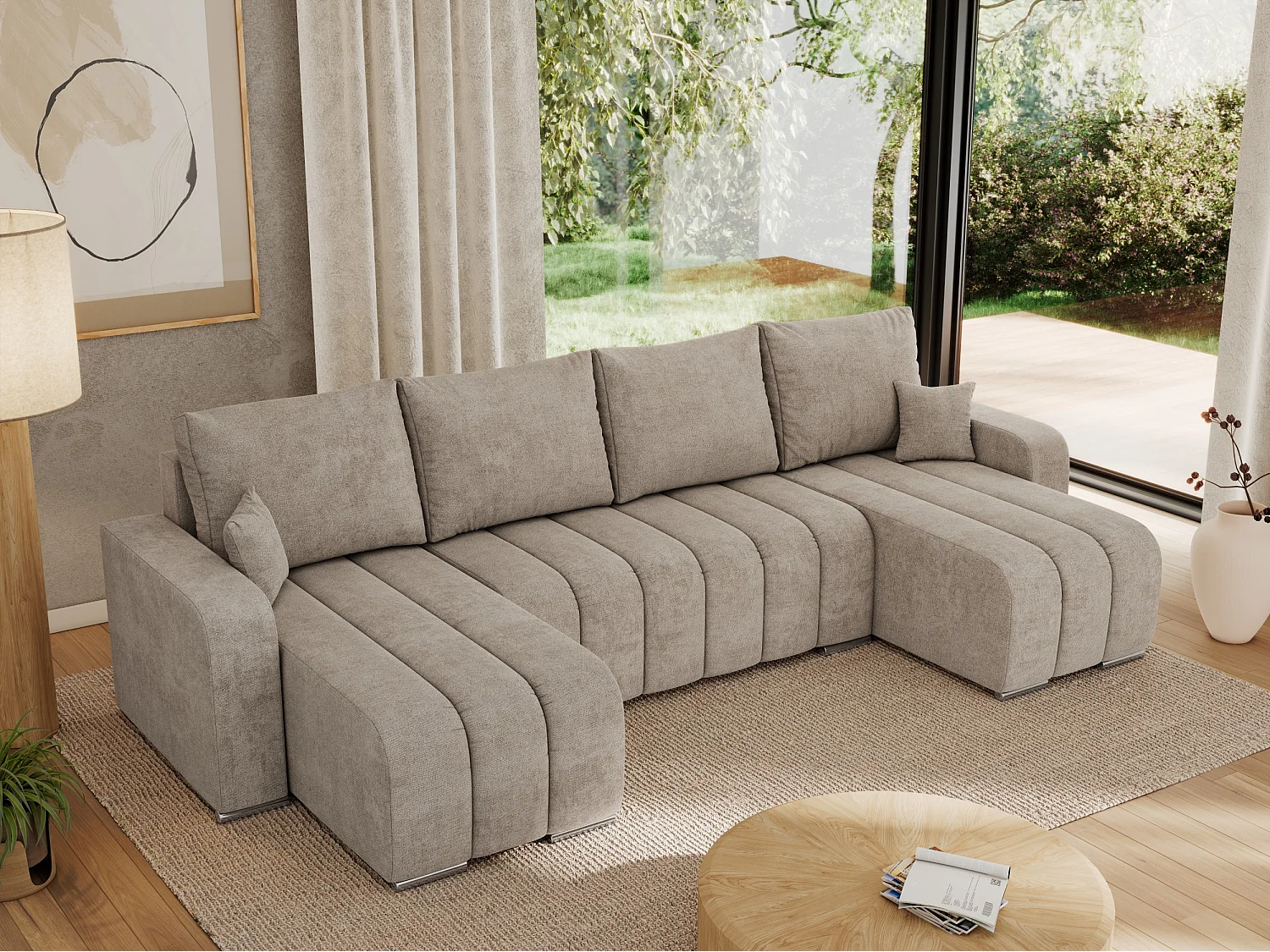 Ecksofa KIRASSO U - Wohnlandschaft, Schlaffunktion und Bettkasten, Couch U-form, lose Kissen - Beige Strukture