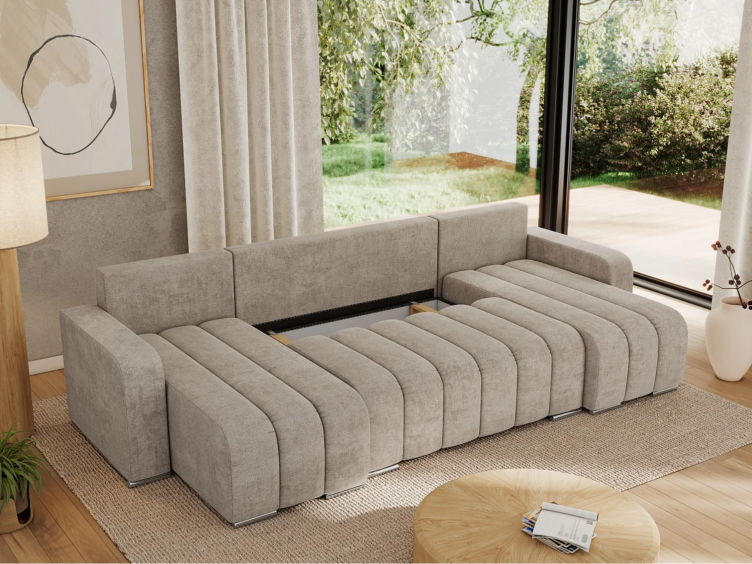Ecksofa KIRASSO U - Wohnlandschaft, Schlaffunktion und Bettkasten, Couch U-form, lose Kissen - Beige Strukture