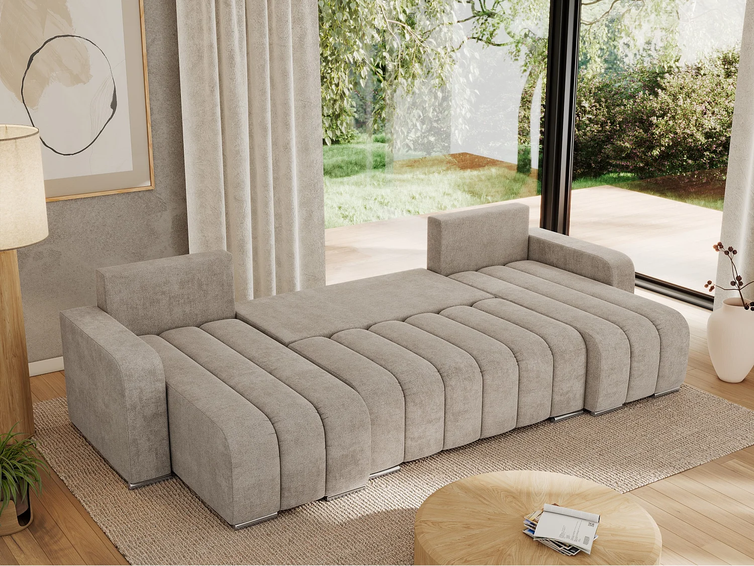 Ecksofa KIRASSO U - Wohnlandschaft, Schlaffunktion und Bettkasten, Couch U-form, lose Kissen - Beige Strukture