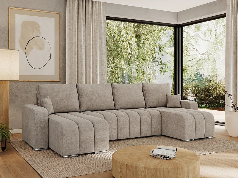 Ecksofa KIRASSO U - Wohnlandschaft, Schlaffunktion und Bettkasten, Couch U-form, lose Kissen - Beige Strukture