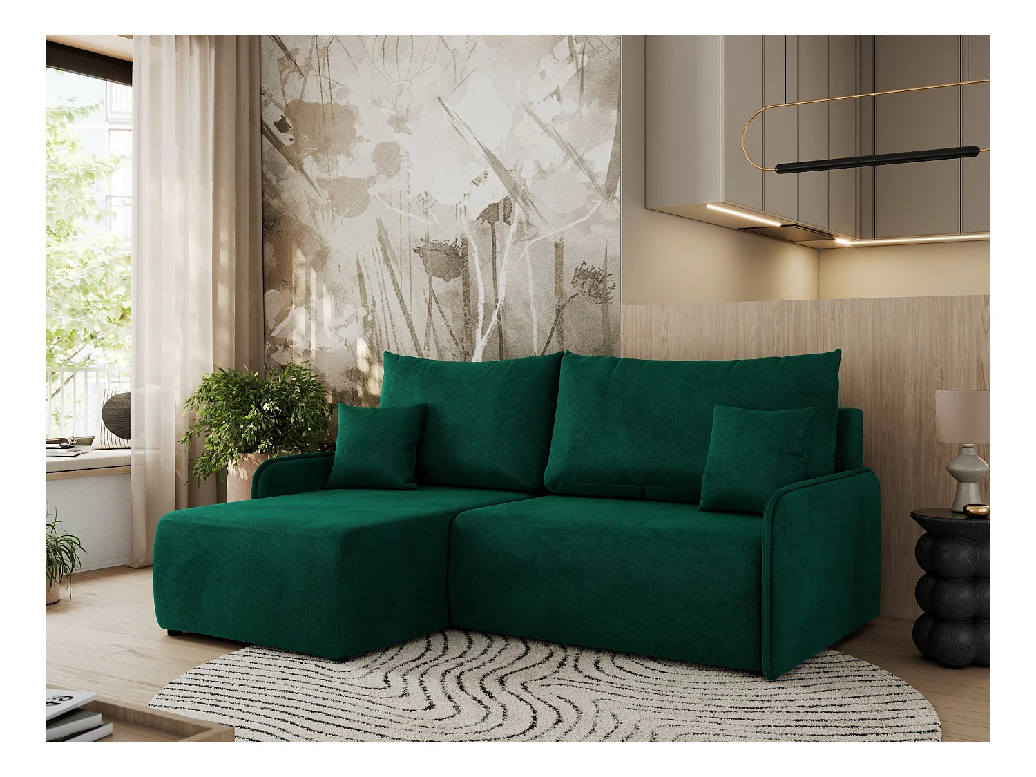 Ecksofa ARPA - L-form Schlaffsofa, Bettkasten und lose Kissen, Armlehnen - Dunkelgrün Velvet - Ecke Links