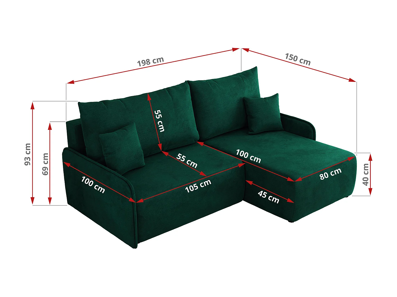 Ecksofa ARPA - L-form Schlaffsofa, Bettkasten und lose Kissen, Armlehnen - Dunkelgrün Velvet - Ecke Links