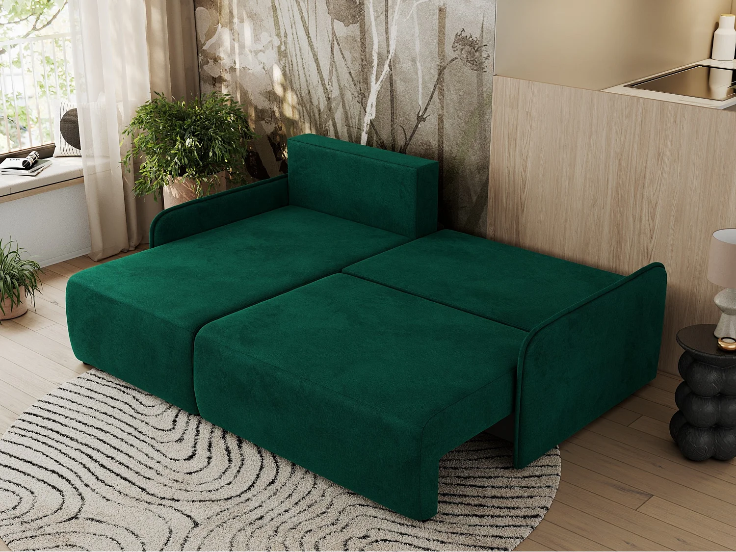 Ecksofa ARPA - L-form Schlaffsofa, Bettkasten und lose Kissen, Armlehnen - Dunkelgrün Velvet - Ecke Links