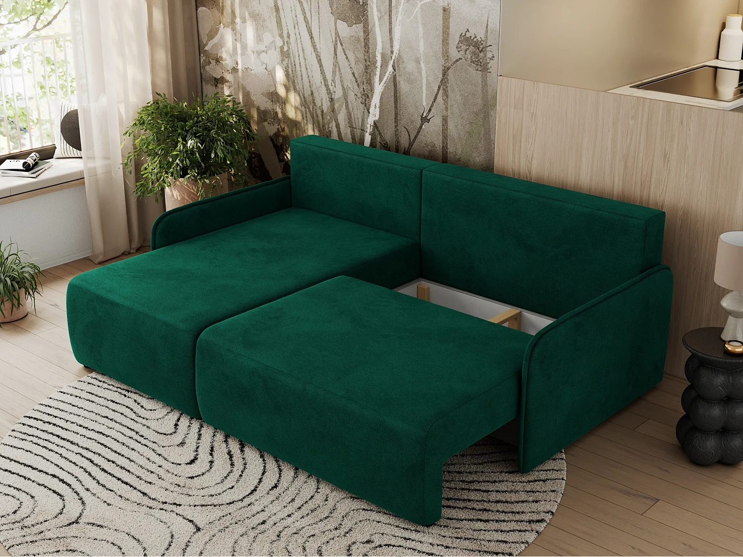 Ecksofa ARPA - L-form Schlaffsofa, Bettkasten und lose Kissen, Armlehnen - Dunkelgrün Velvet - Ecke Links