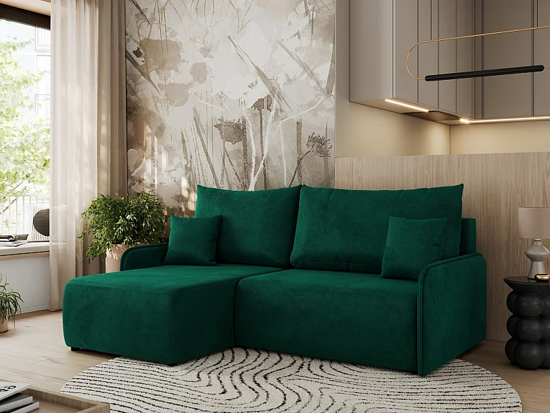 Ecksofa ARPA - L-form Schlaffsofa, Bettkasten und lose Kissen, Armlehnen - Dunkelgrün Velvet - Ecke Links