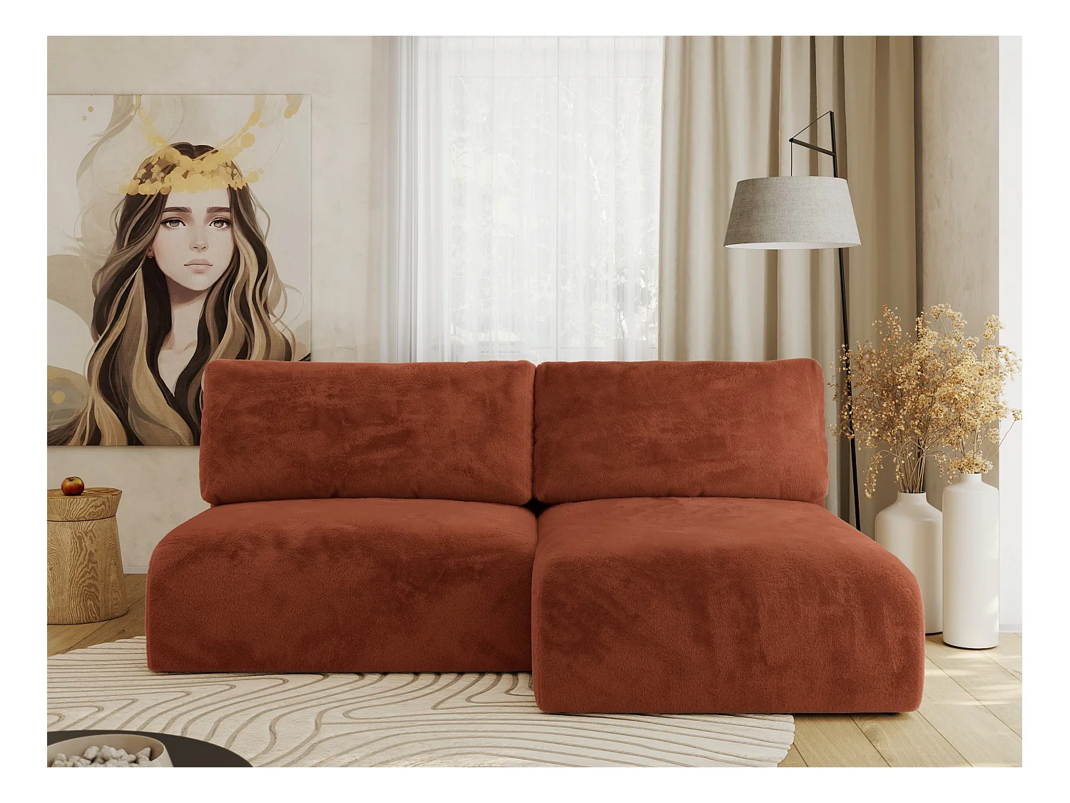 Ecksofa VIVO - L-form Couch mit Schlaffunktion und Bettkasten, Wellenfeder - Orange Plüsch - Ecke Rechts