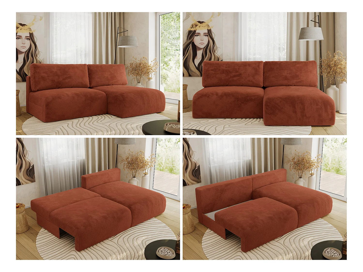 Ecksofa VIVO - L-form Couch mit Schlaffunktion und Bettkasten, Wellenfeder - Orange Plüsch - Ecke Rechts