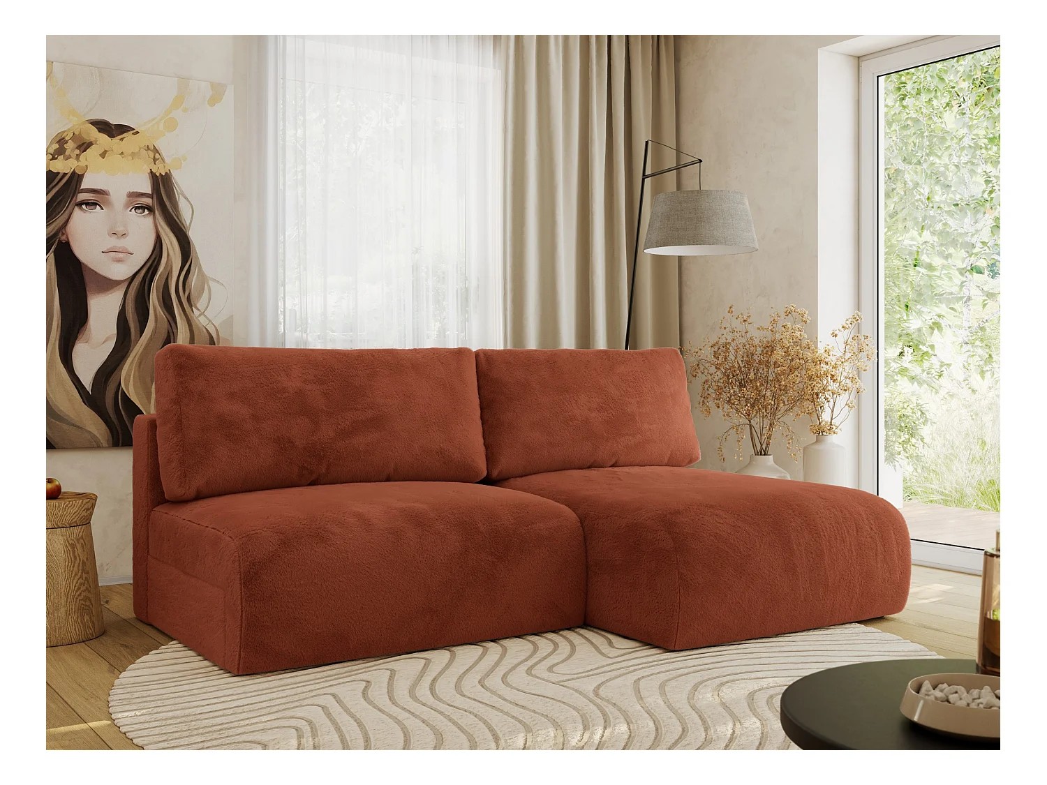 Ecksofa VIVO - L-form Couch mit Schlaffunktion und Bettkasten, Wellenfeder - Orange Plüsch - Ecke Rechts
