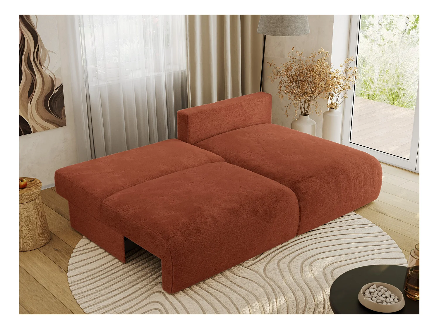 Ecksofa VIVO - L-form Couch mit Schlaffunktion und Bettkasten, Wellenfeder - Orange Plüsch - Ecke Rechts