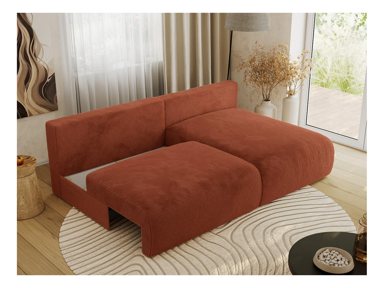 Ecksofa VIVO - L-form Couch mit Schlaffunktion und Bettkasten, Wellenfeder - Orange Plüsch - Ecke Rechts
