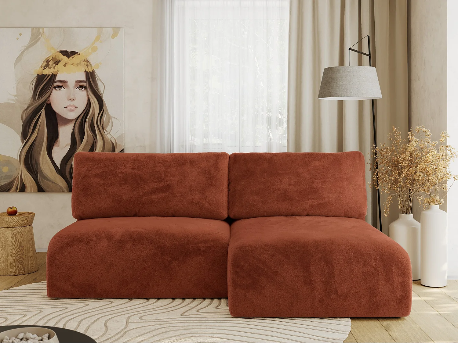Ecksofa VIVO - L-form Couch mit Schlaffunktion und Bettkasten, Wellenfeder - Orange Plüsch - Ecke Rechts