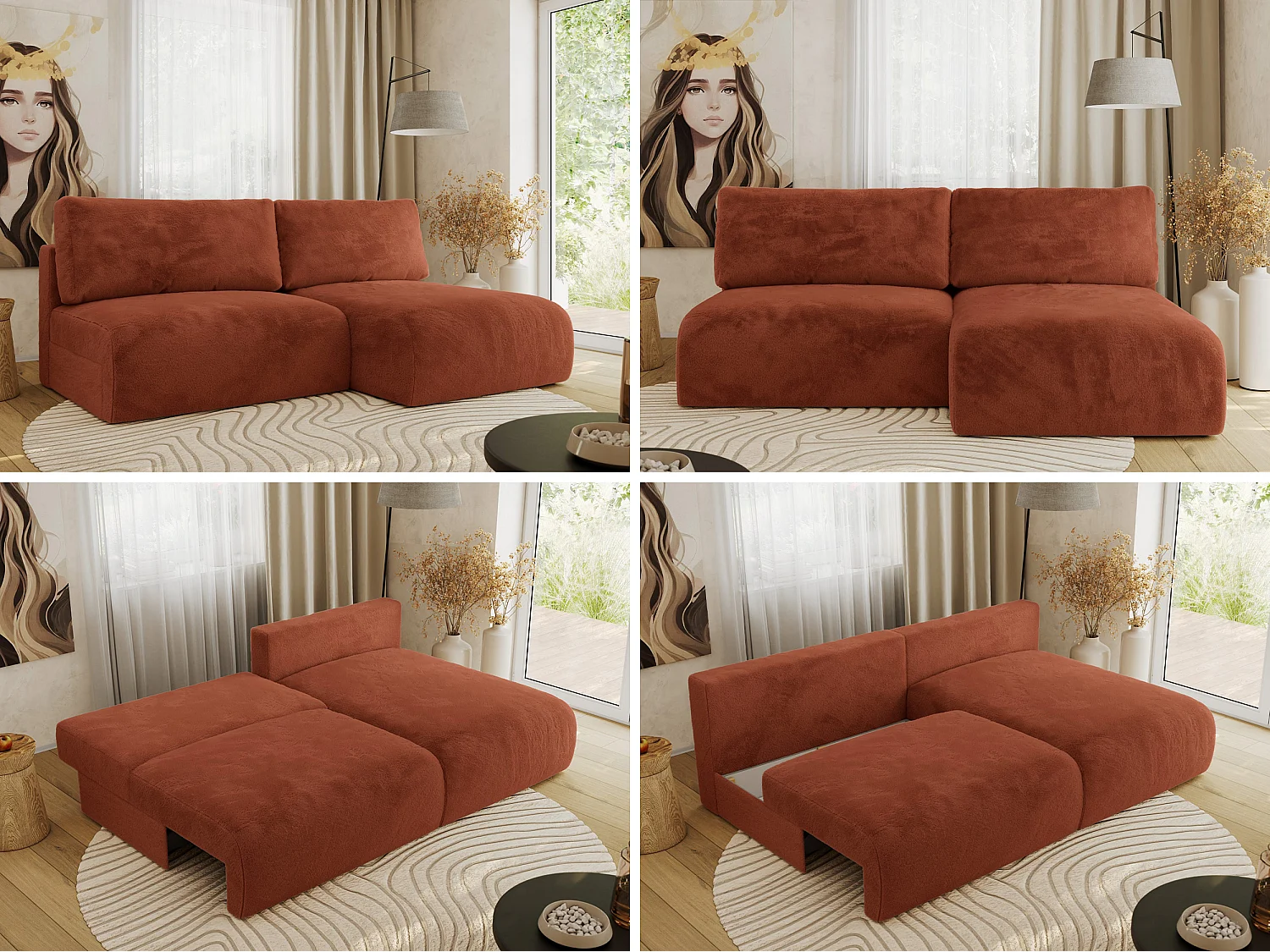 Ecksofa VIVO - L-form Couch mit Schlaffunktion und Bettkasten, Wellenfeder - Orange Plüsch - Ecke Rechts