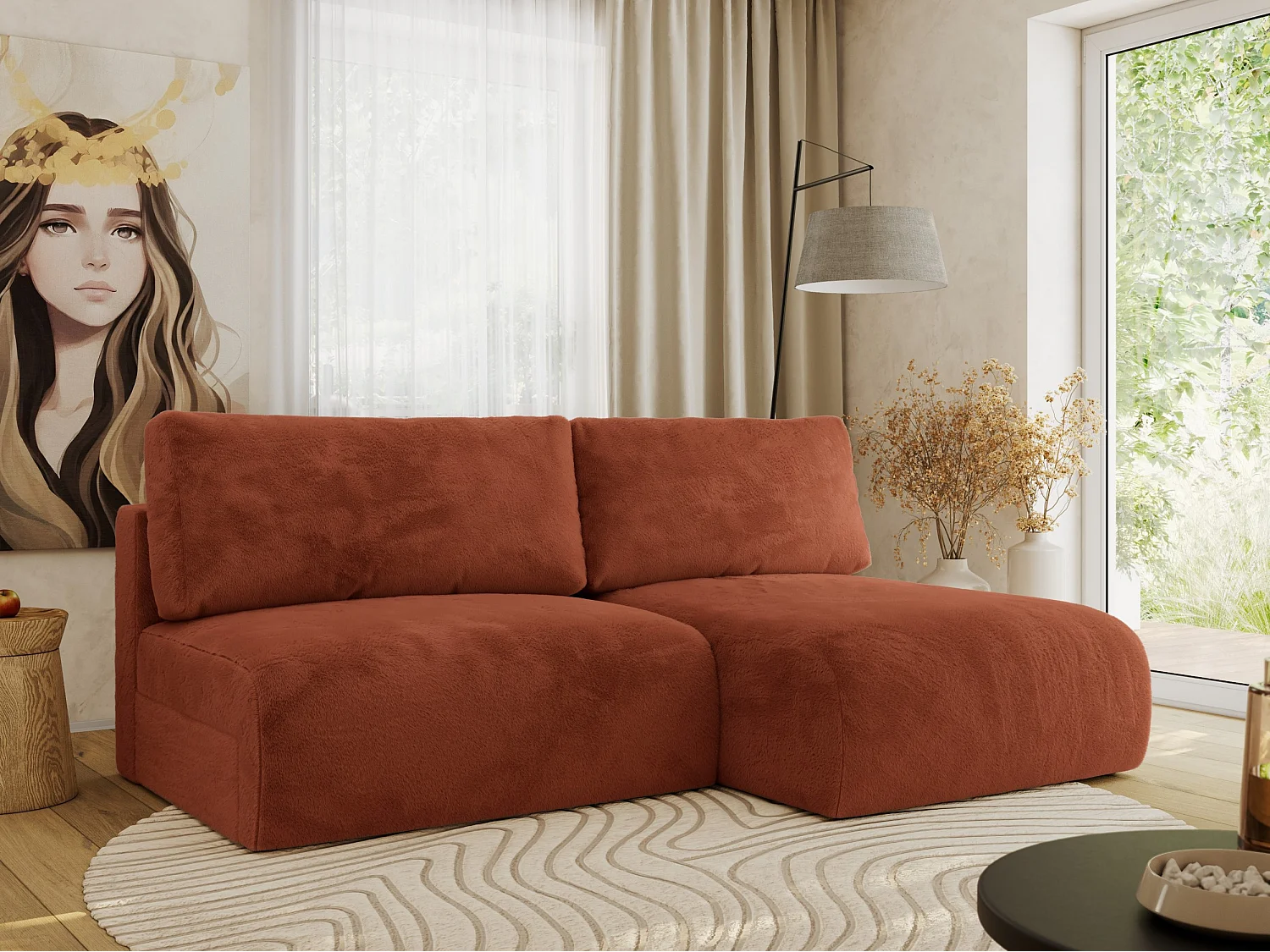 Ecksofa VIVO - L-form Couch mit Schlaffunktion und Bettkasten, Wellenfeder - Orange Plüsch - Ecke Rechts