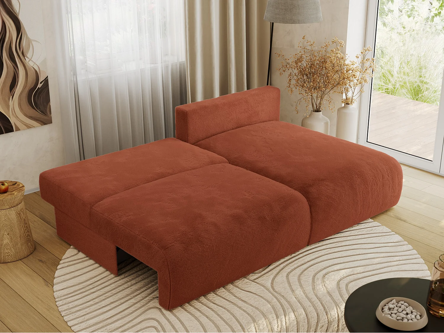 Ecksofa VIVO - L-form Couch mit Schlaffunktion und Bettkasten, Wellenfeder - Orange Plüsch - Ecke Rechts