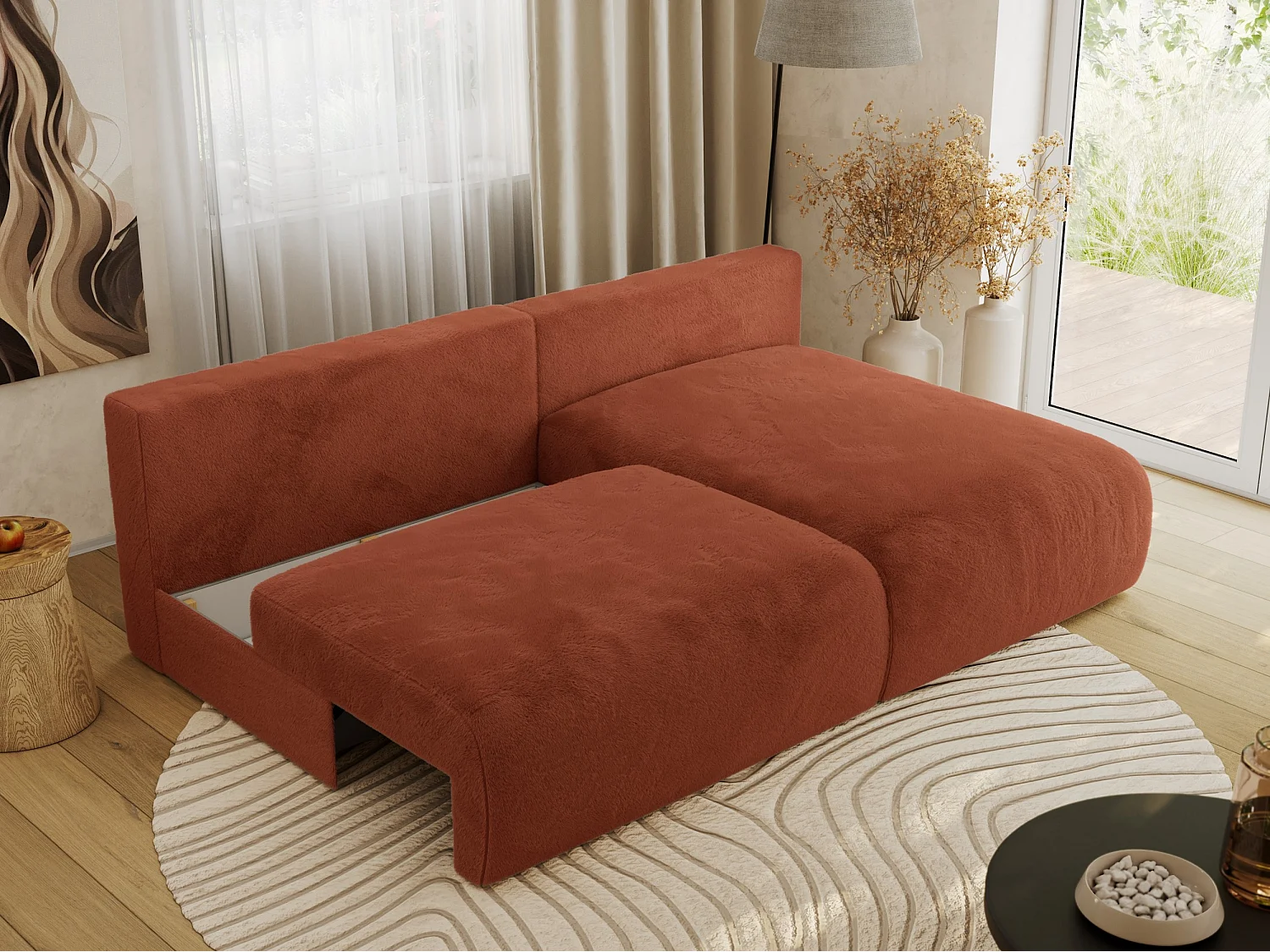 Ecksofa VIVO - L-form Couch mit Schlaffunktion und Bettkasten, Wellenfeder - Orange Plüsch - Ecke Rechts
