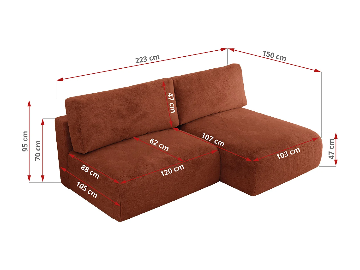 Ecksofa VIVO - L-form Couch mit Schlaffunktion und Bettkasten, Wellenfeder - Orange Plüsch - Ecke Rechts