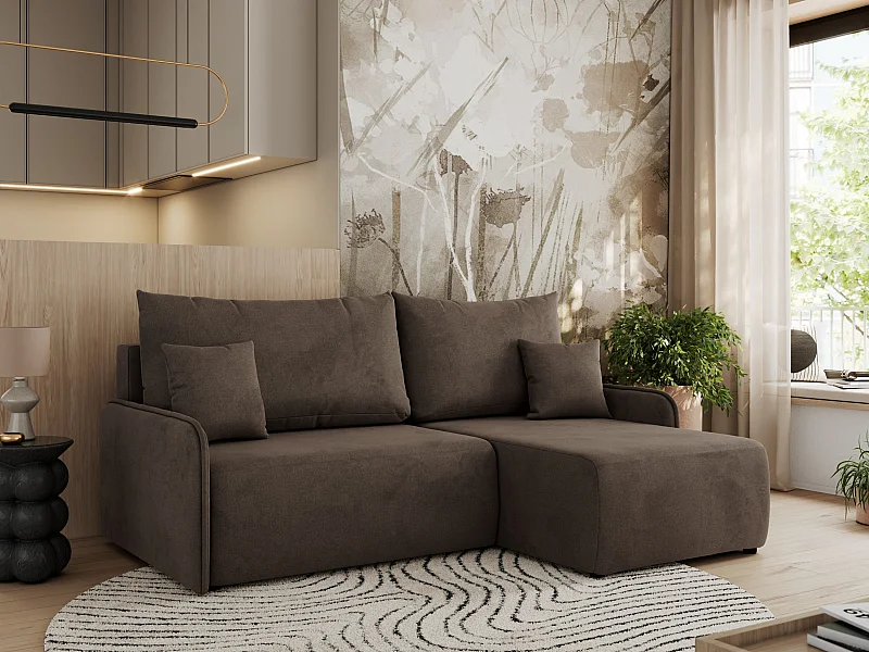 Ecksofa ARPA - L-form Schlaffsofa, Bettkasten und lose Kissen, Armlehnen - Braun Velvet - Ecke Rechts