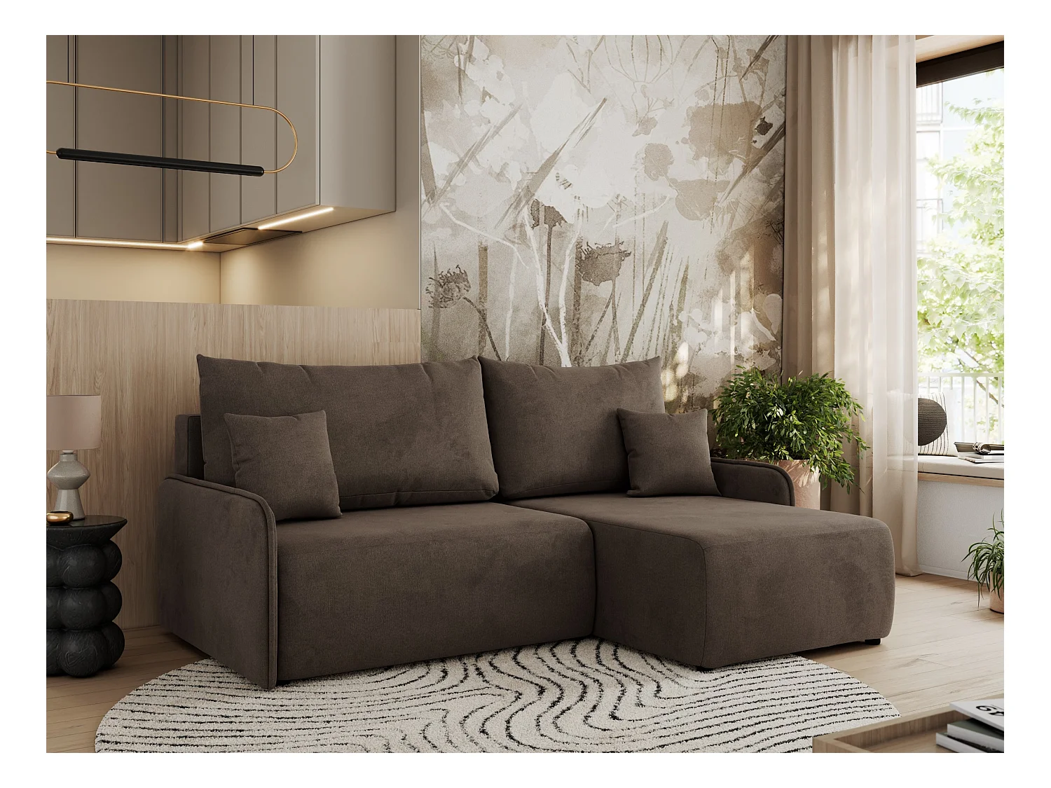 Ecksofa ARPA - L-form Schlaffsofa, Bettkasten und lose Kissen, Armlehnen - Braun Velvet - Ecke Rechts
