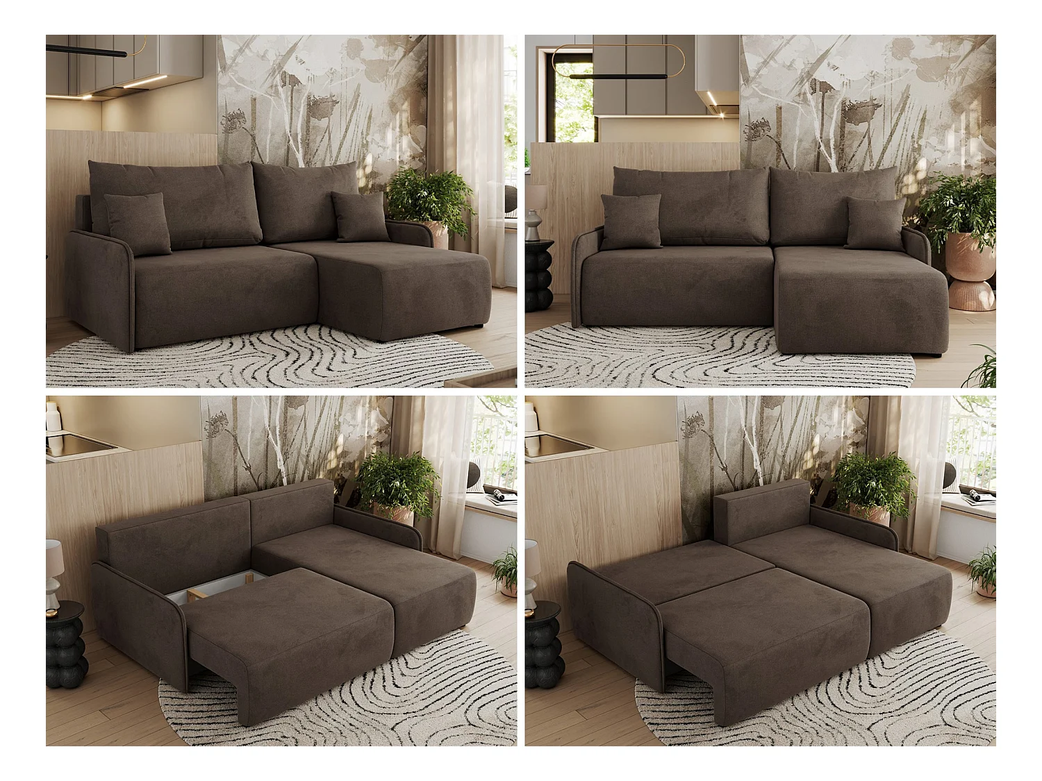 Ecksofa ARPA - L-form Schlaffsofa, Bettkasten und lose Kissen, Armlehnen - Braun Velvet - Ecke Rechts