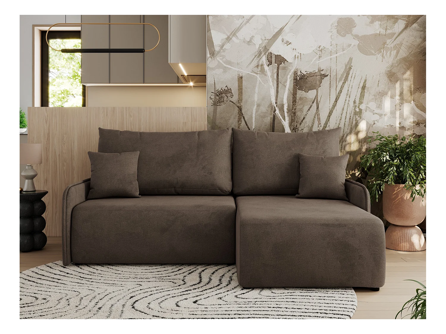 Ecksofa ARPA - L-form Schlaffsofa, Bettkasten und lose Kissen, Armlehnen - Braun Velvet - Ecke Rechts
