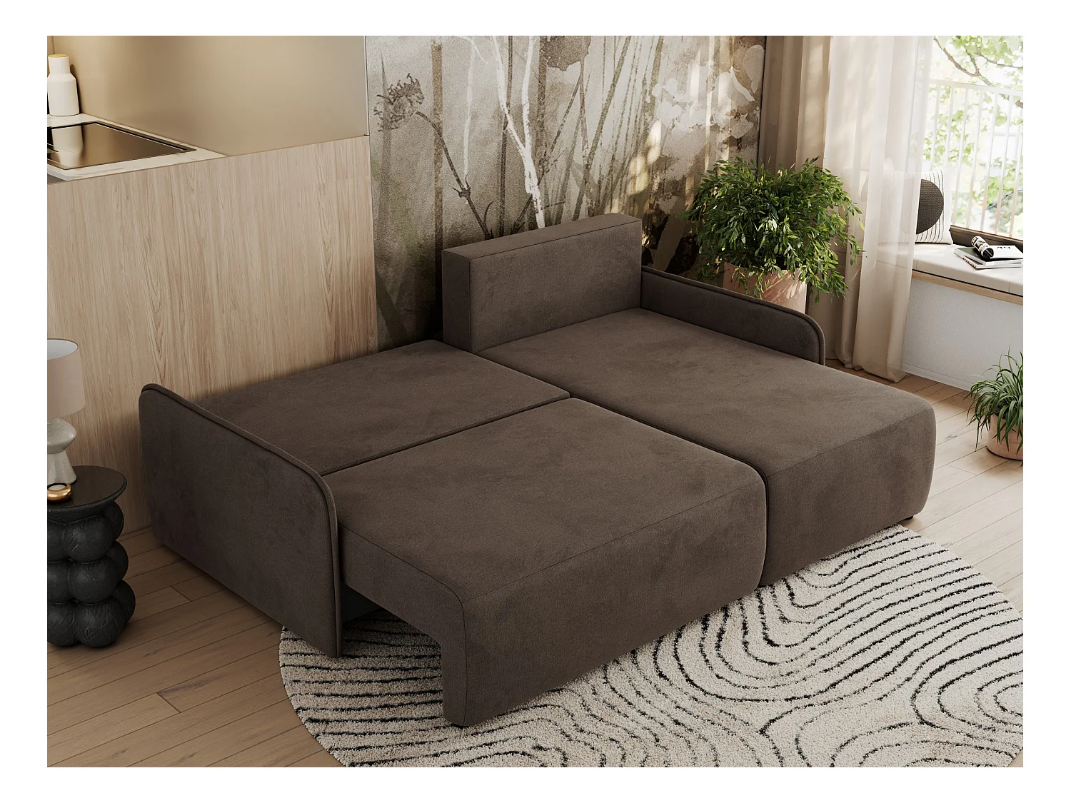 Ecksofa ARPA - L-form Schlaffsofa, Bettkasten und lose Kissen, Armlehnen - Braun Velvet - Ecke Rechts