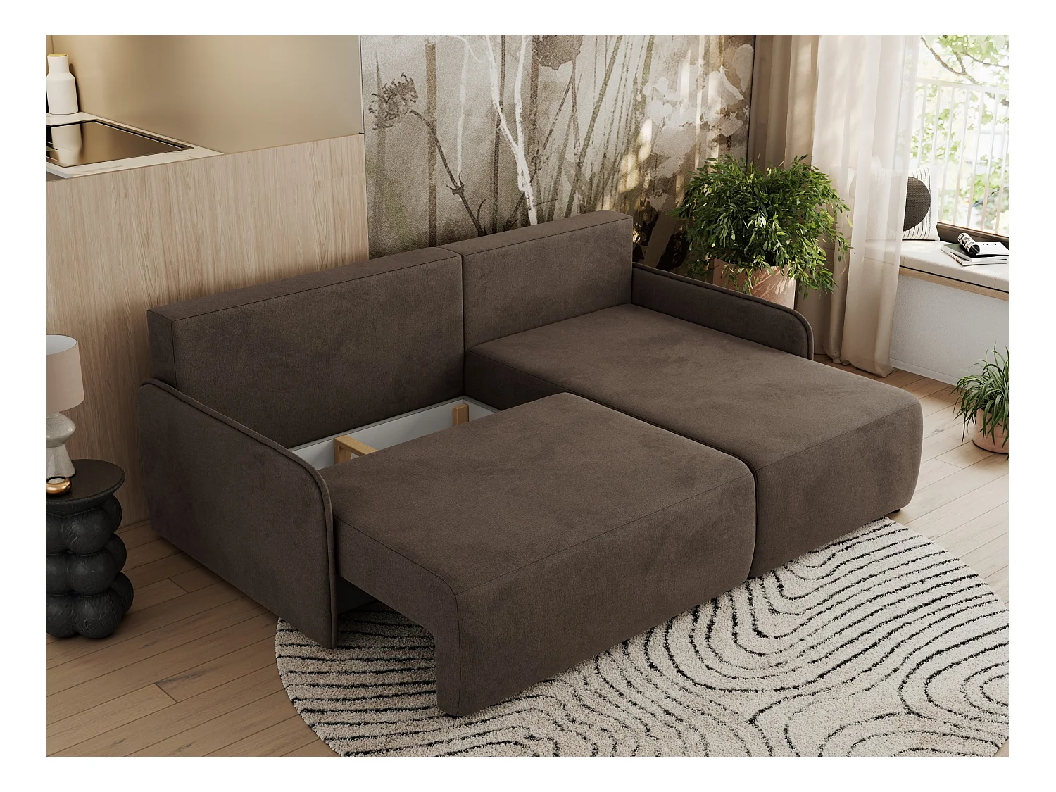Ecksofa ARPA - L-form Schlaffsofa, Bettkasten und lose Kissen, Armlehnen - Braun Velvet - Ecke Rechts