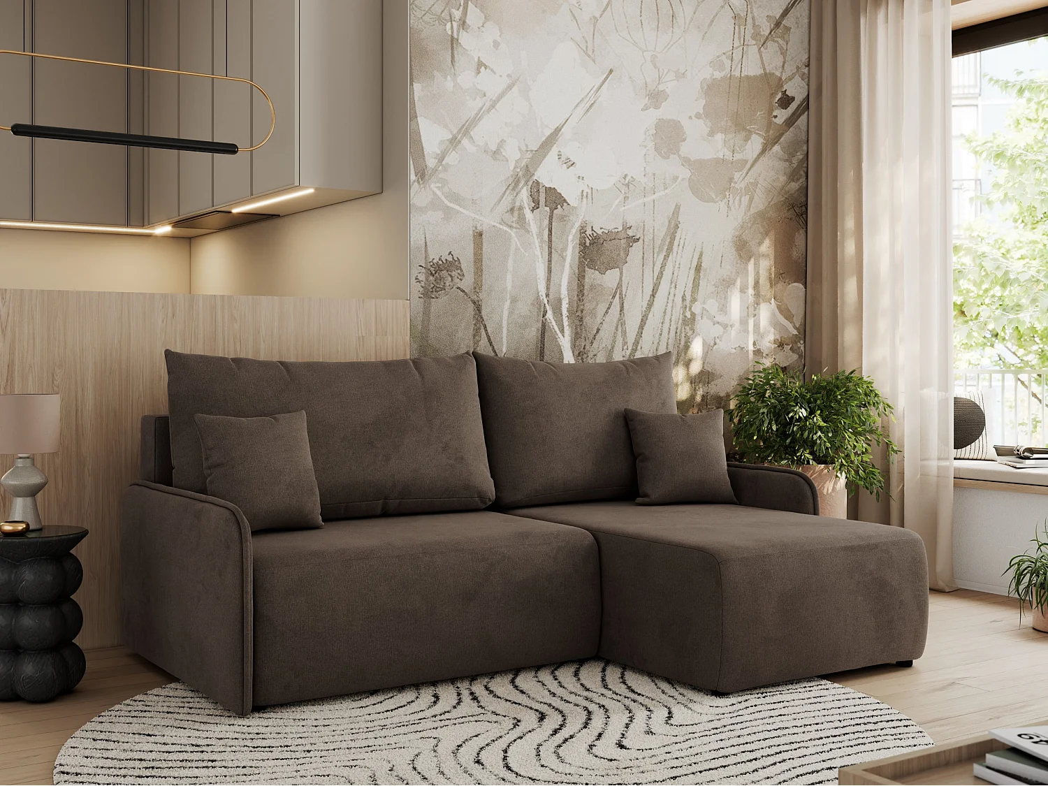 Ecksofa ARPA - L-form Schlaffsofa, Bettkasten und lose Kissen, Armlehnen - Braun Velvet - Ecke Rechts