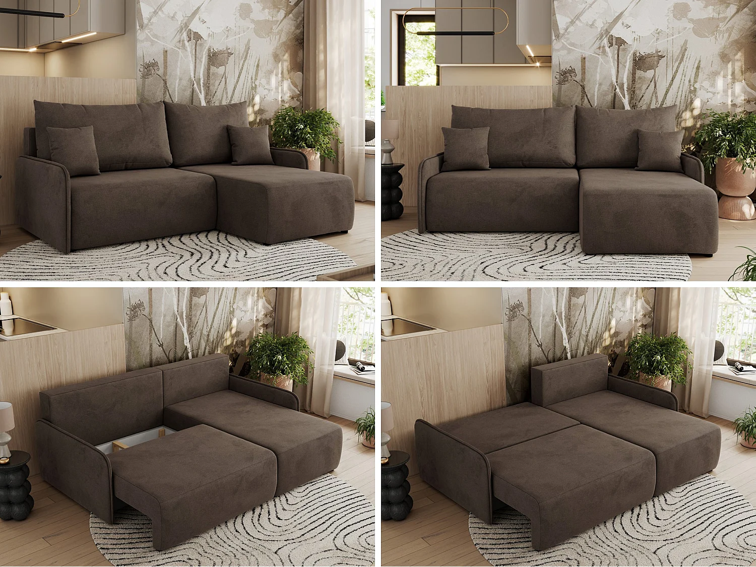 Ecksofa ARPA - L-form Schlaffsofa, Bettkasten und lose Kissen, Armlehnen - Braun Velvet - Ecke Rechts