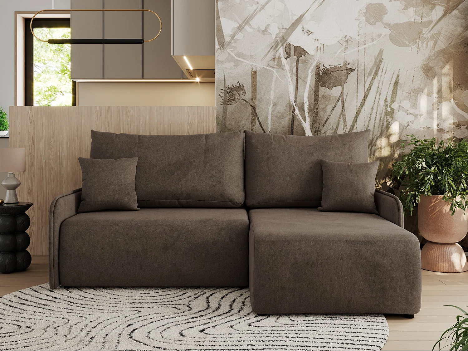 Ecksofa ARPA - L-form Schlaffsofa, Bettkasten und lose Kissen, Armlehnen - Braun Velvet - Ecke Rechts