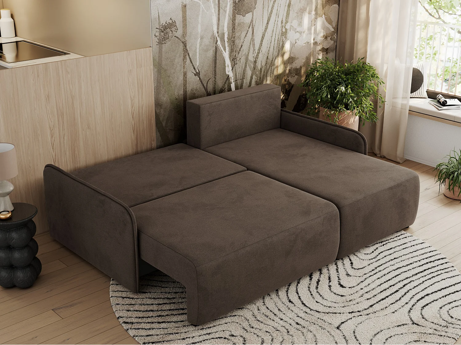 Ecksofa ARPA - L-form Schlaffsofa, Bettkasten und lose Kissen, Armlehnen - Braun Velvet - Ecke Rechts