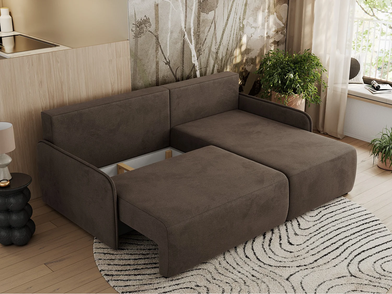 Ecksofa ARPA - L-form Schlaffsofa, Bettkasten und lose Kissen, Armlehnen - Braun Velvet - Ecke Rechts