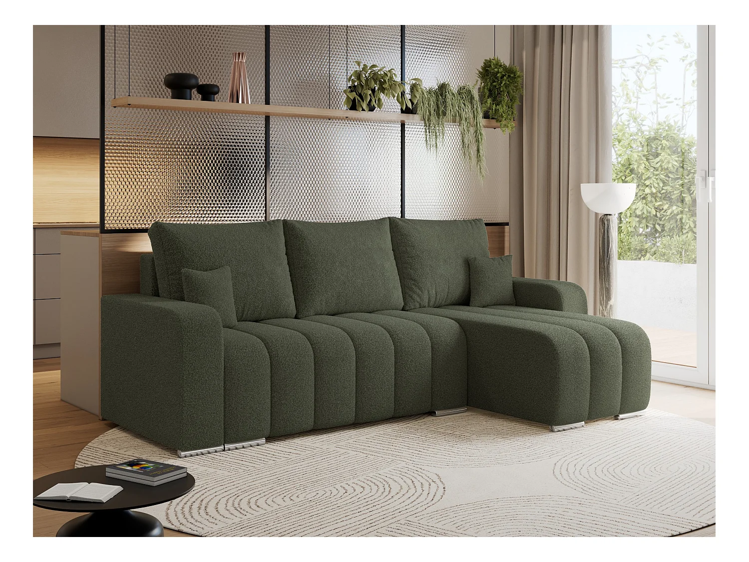 Ecksofa KIRASSO - universelles mit Schlaffunktion und Bettkasten, lose Kissen, Armlehnen - Grün Boucle