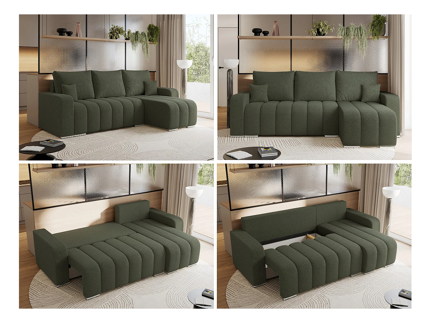 Ecksofa KIRASSO - universelles mit Schlaffunktion und Bettkasten, lose Kissen, Armlehnen - Grün Boucle