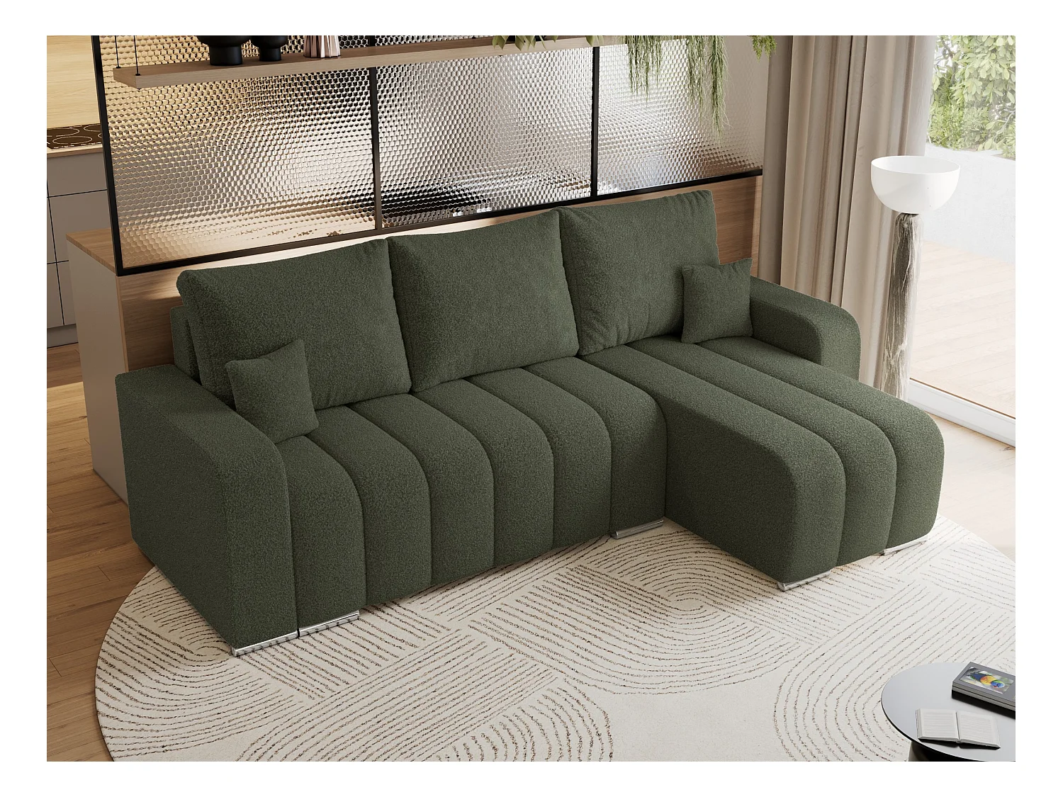 Ecksofa KIRASSO - universelles mit Schlaffunktion und Bettkasten, lose Kissen, Armlehnen - Grün Boucle