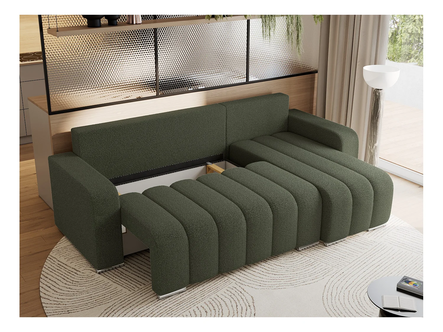 Ecksofa KIRASSO - universelles mit Schlaffunktion und Bettkasten, lose Kissen, Armlehnen - Grün Boucle