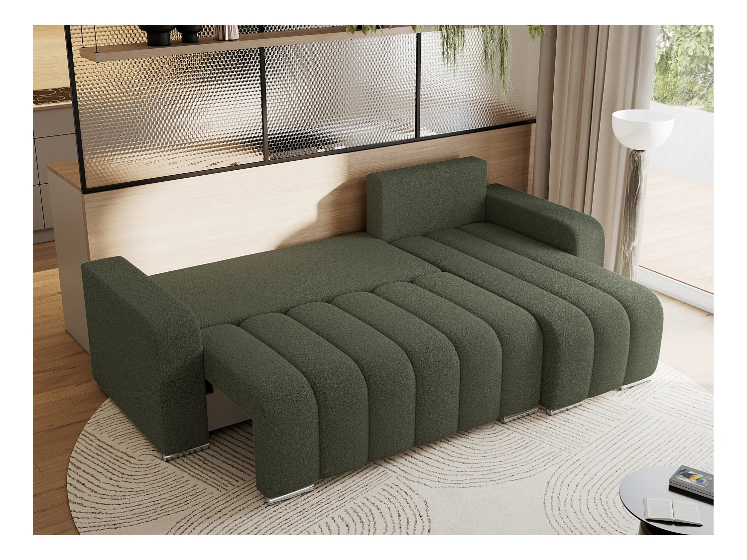 Ecksofa KIRASSO - universelles mit Schlaffunktion und Bettkasten, lose Kissen, Armlehnen - Grün Boucle