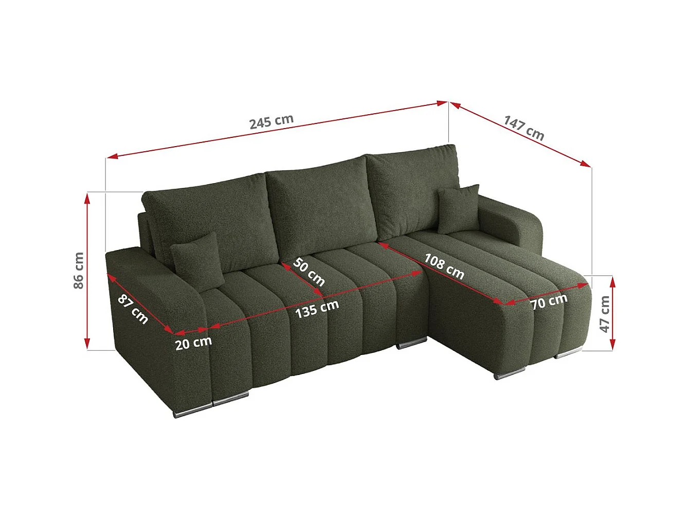 Ecksofa KIRASSO - universelles mit Schlaffunktion und Bettkasten, lose Kissen, Armlehnen - Grün Boucle