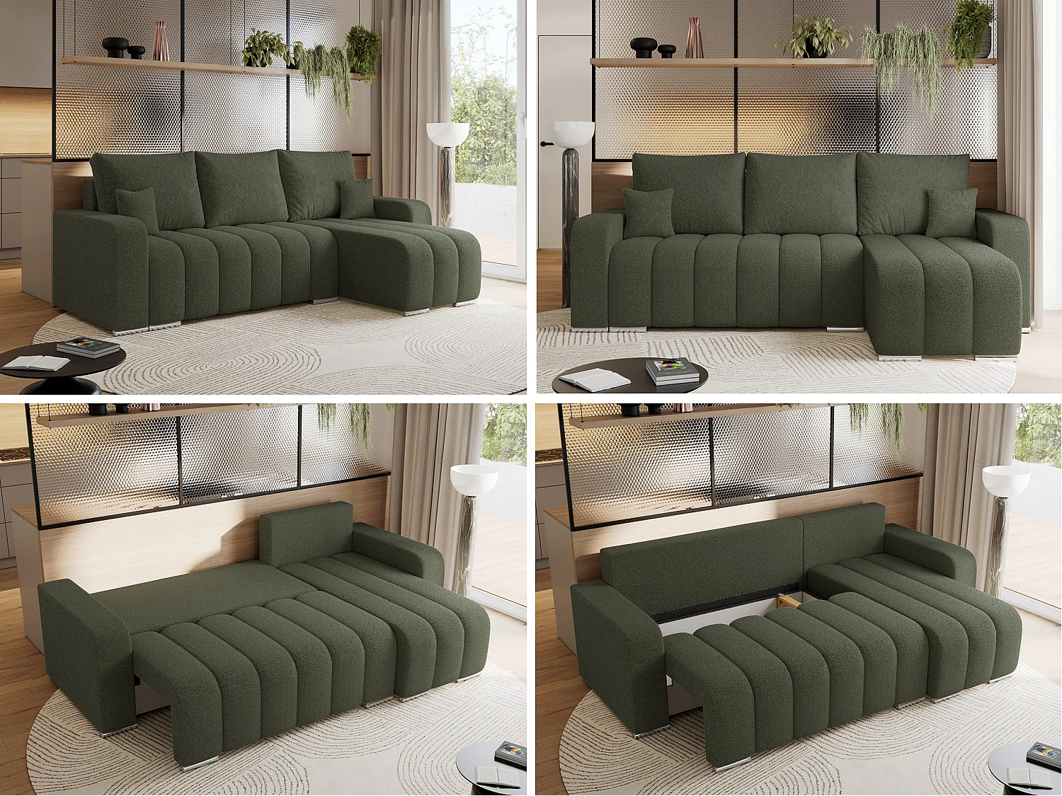 Ecksofa KIRASSO - universelles mit Schlaffunktion und Bettkasten, lose Kissen, Armlehnen - Grün Boucle