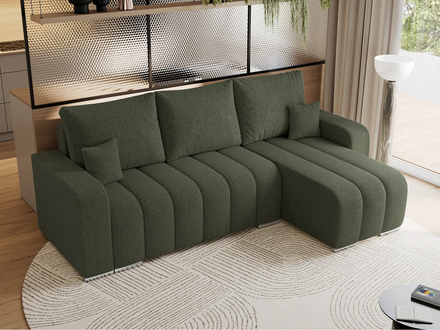 Ecksofa KIRASSO - universelles mit Schlaffunktion und Bettkasten, lose Kissen, Armlehnen - Grün Boucle