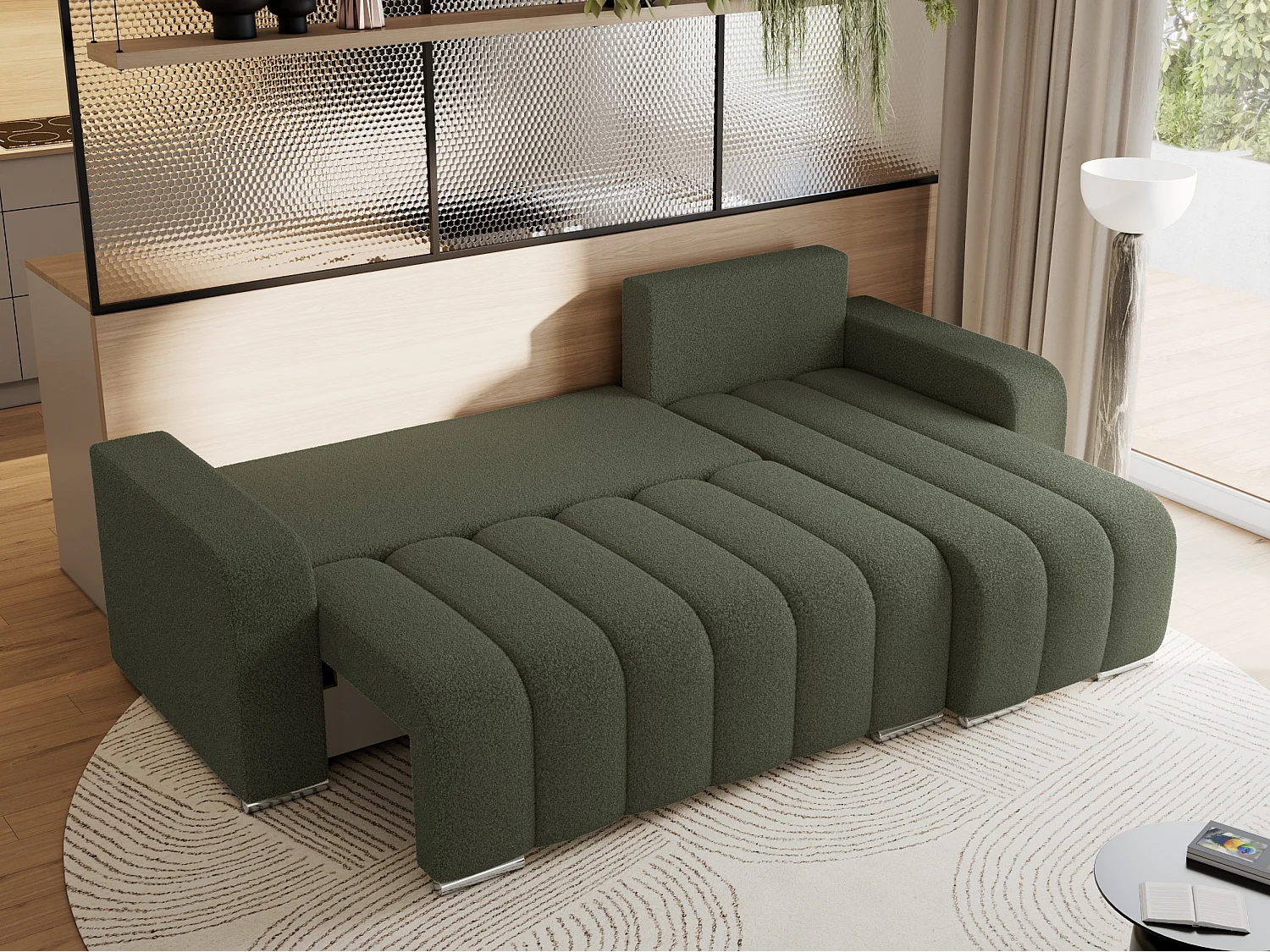 Ecksofa KIRASSO - universelles mit Schlaffunktion und Bettkasten, lose Kissen, Armlehnen - Grün Boucle