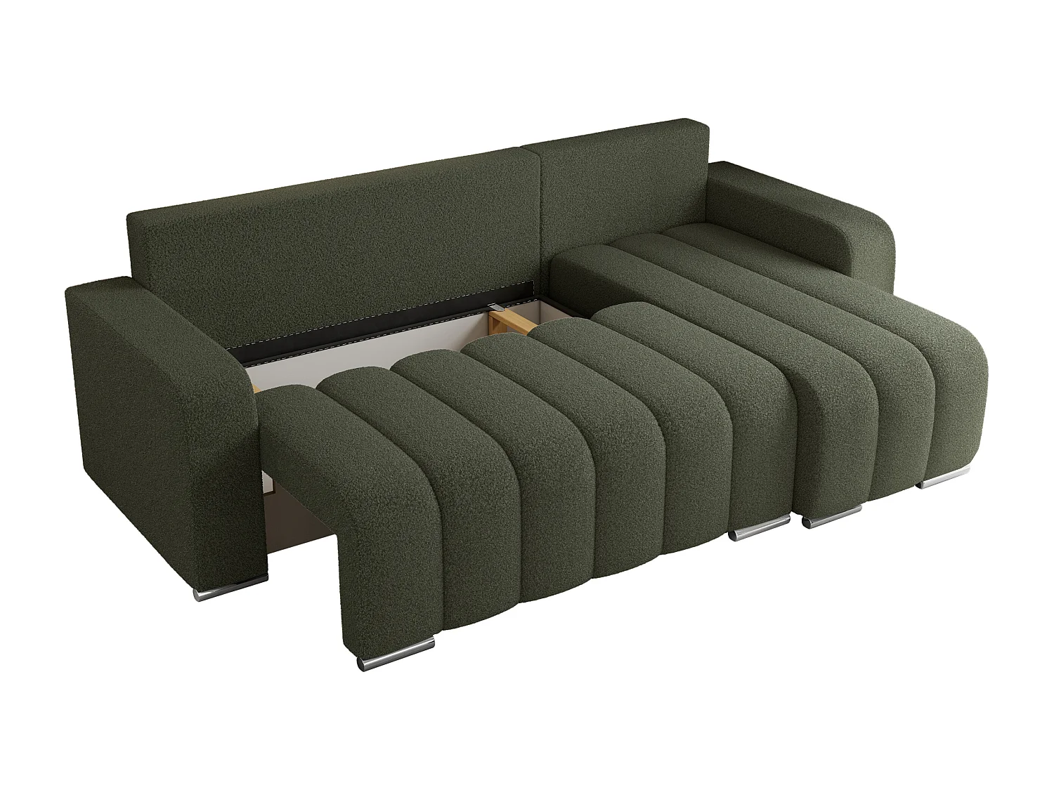 Ecksofa KIRASSO - universelles mit Schlaffunktion und Bettkasten, lose Kissen, Armlehnen - Grün Boucle