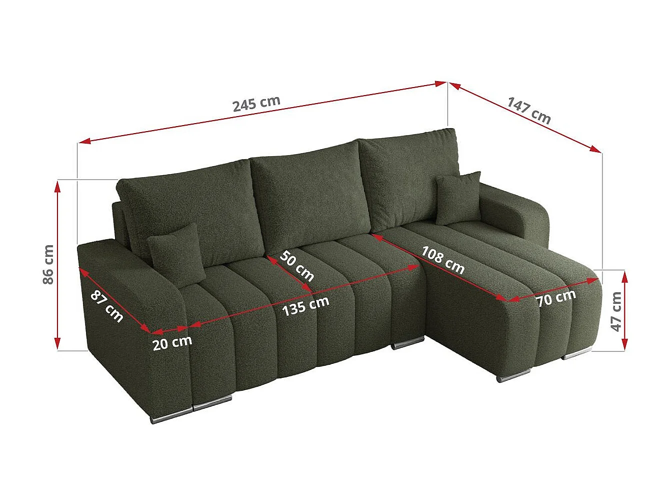 Ecksofa KIRASSO - universelles mit Schlaffunktion und Bettkasten, lose Kissen, Armlehnen - Grün Boucle