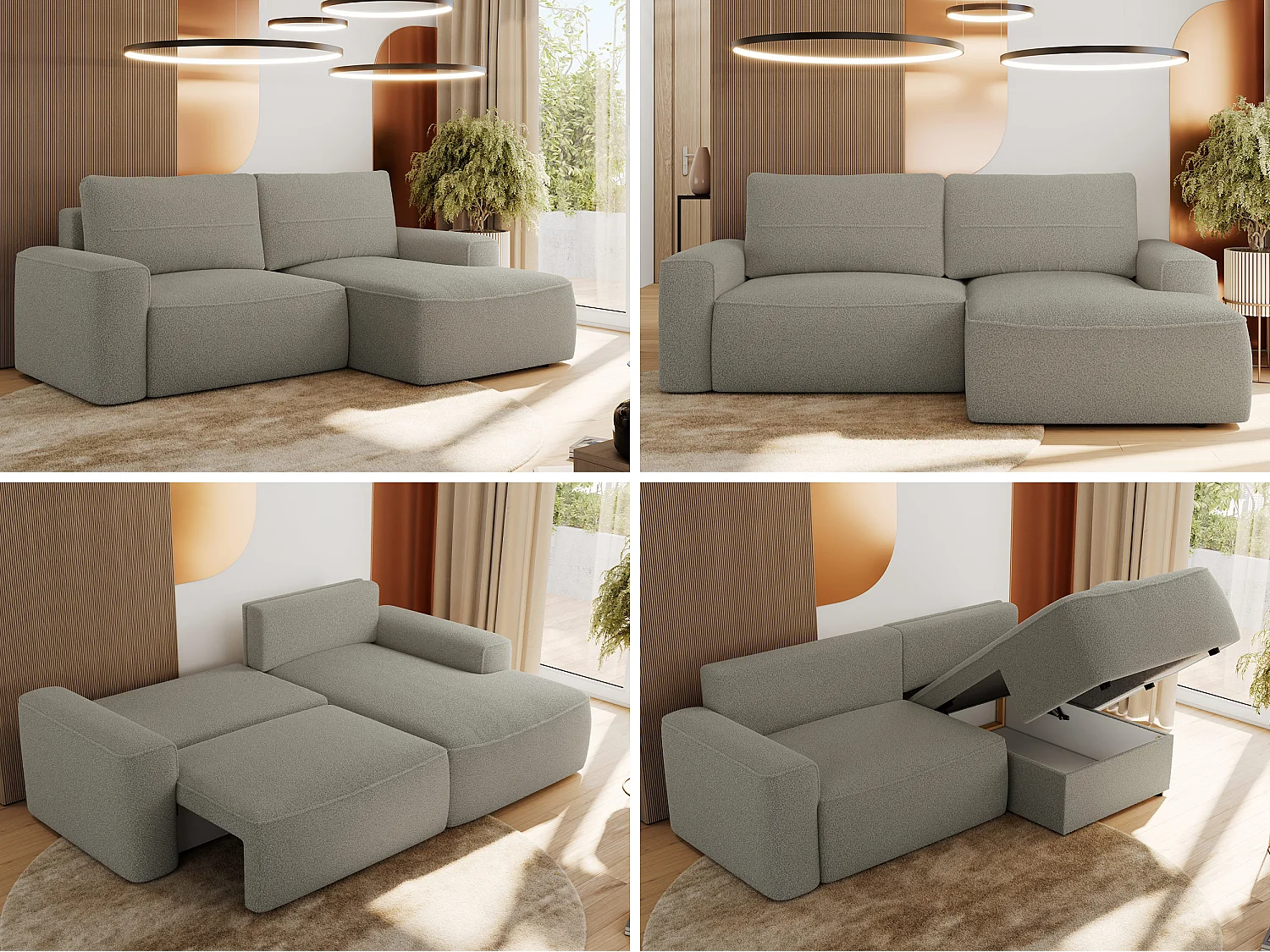 Ecksofa BELLUNO - Schlafsofa mit Bettkasten, Armlehnen, Couch L-form mit Schlaffunktion - Hellgrau Boucle - Ecke Rechts