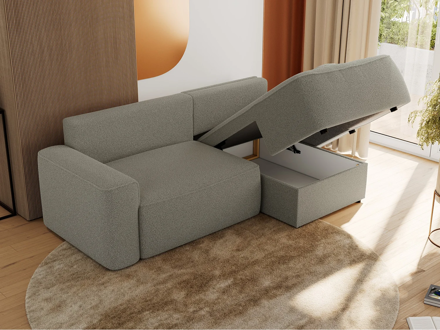 Ecksofa BELLUNO - Schlafsofa mit Bettkasten, Armlehnen, Couch L-form mit Schlaffunktion - Hellgrau Boucle - Ecke Rechts